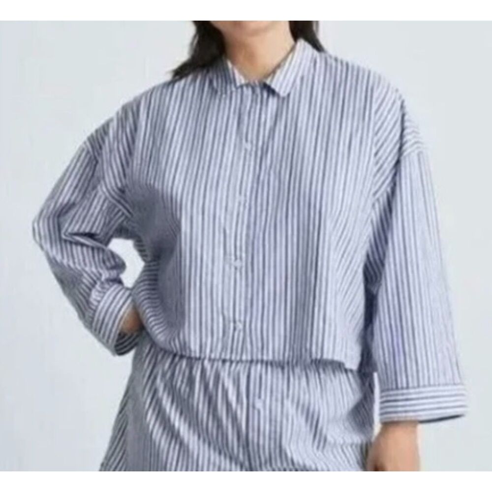 Everlane the woven p.j. top striped button front cropped pajama or lounge top